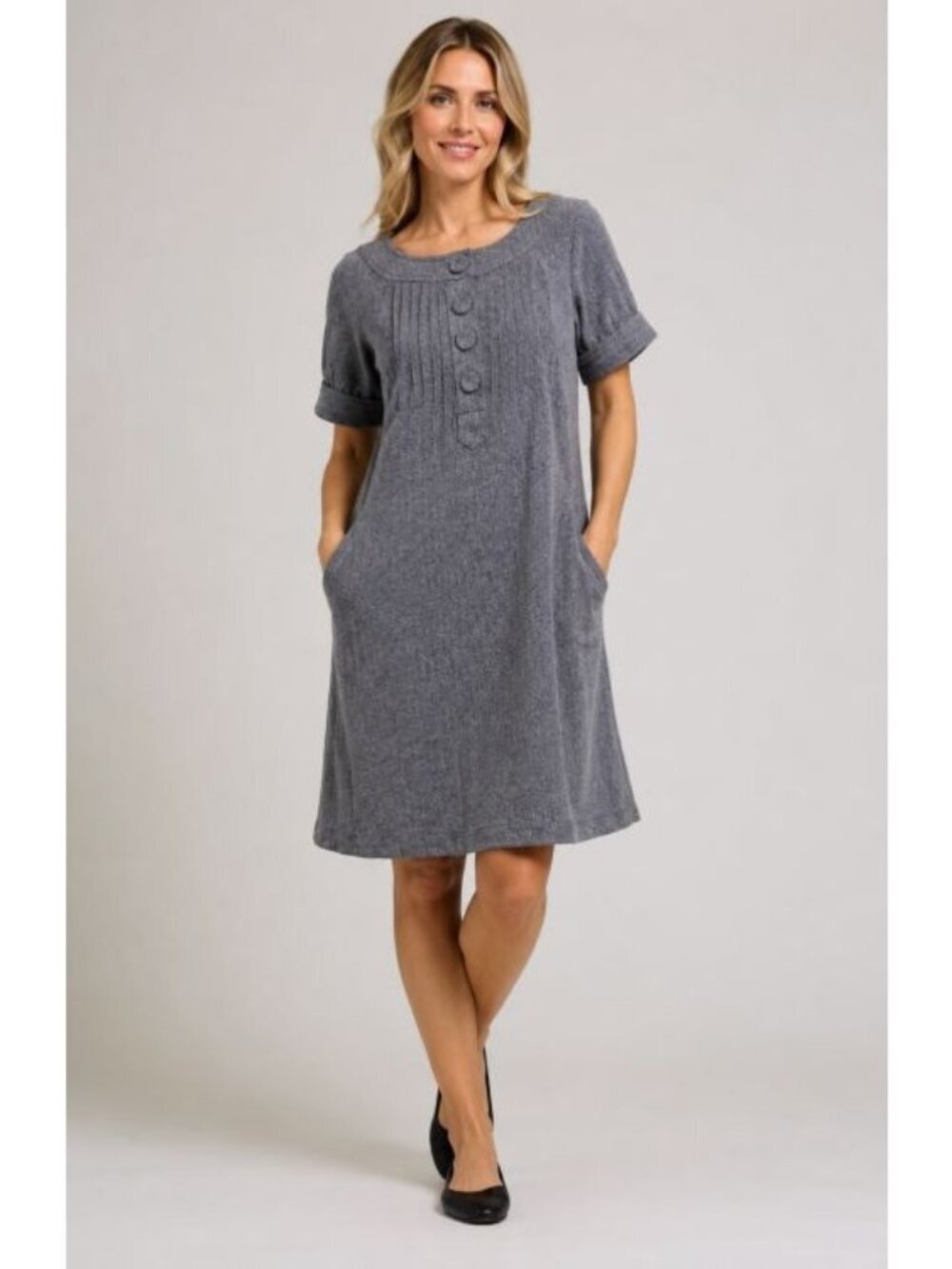 Australian Made Midi Shift Dress Pintucked Pockets Minimalist Office 10 Gray